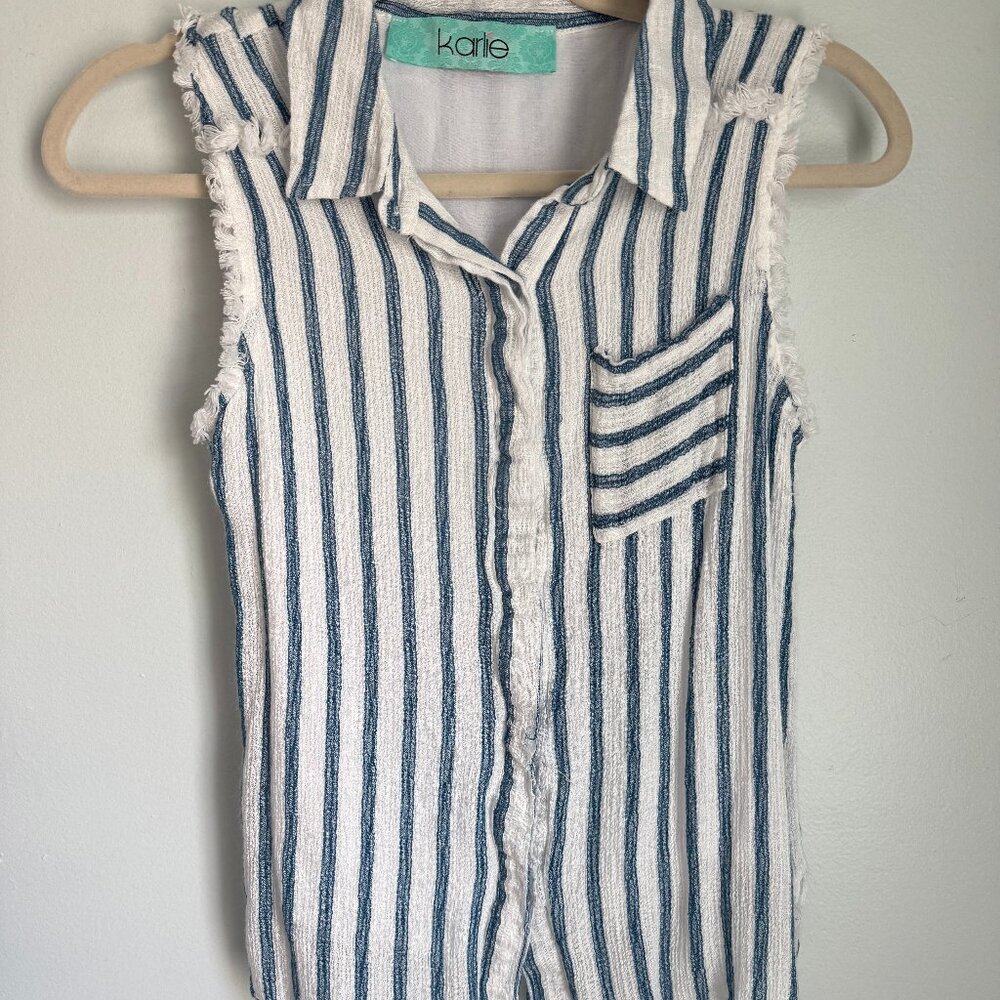 Karlie Small White and Blue Striped Button up Tank Top